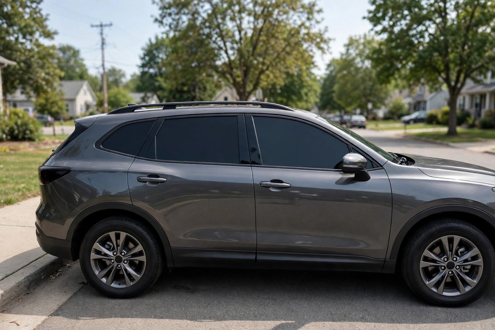 Car with tinted windows on an Ohio street showing legal window tint levels under the Ohio window tint law