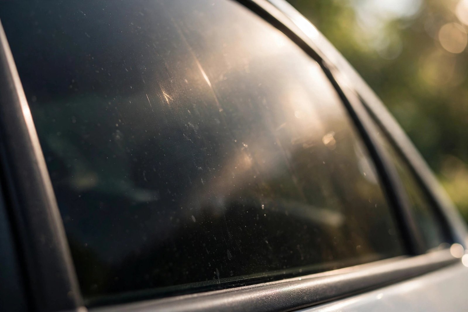 Close-up of a car window with legal tint film and compliance sticker in Ohio