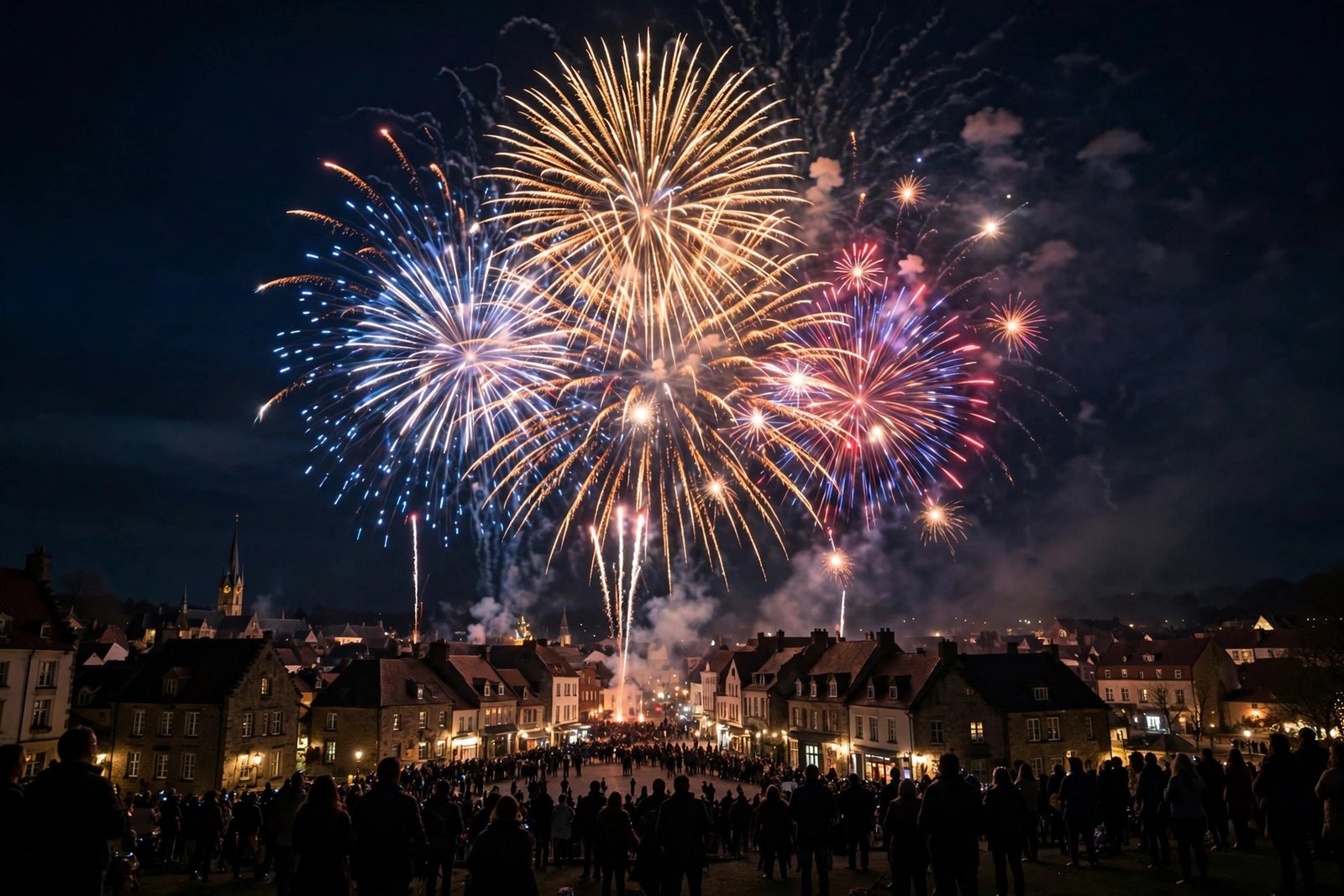 Aerial fireworks bursting over an Ohio town during a permitted holiday display