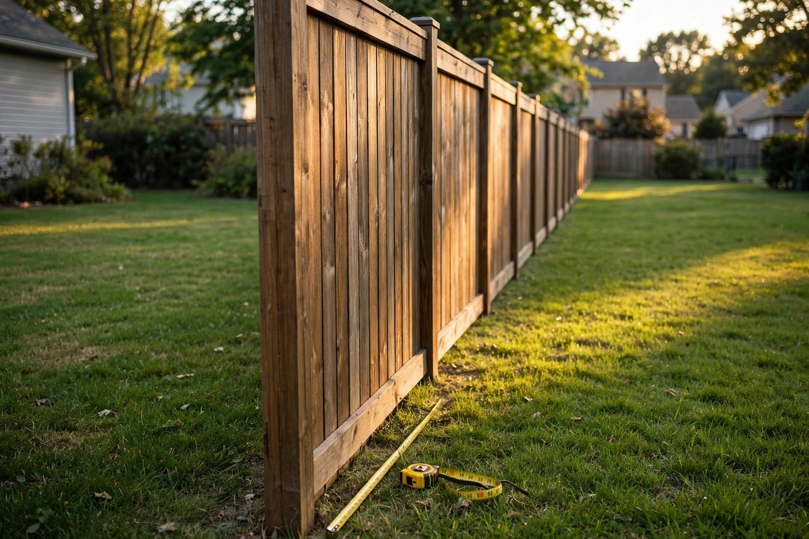 Wooden fence running along a property line between two Ohio homes (Ohio fence law property line guide)