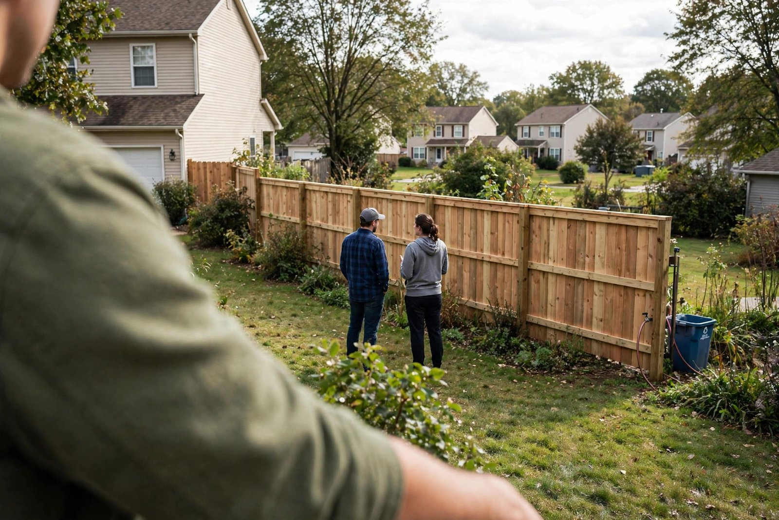 Neighbors discussing a shared fence along their Ohio property line