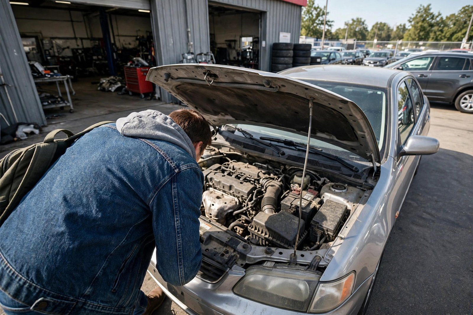 Buyer inspecting a used car engine before purchase in Ohio
