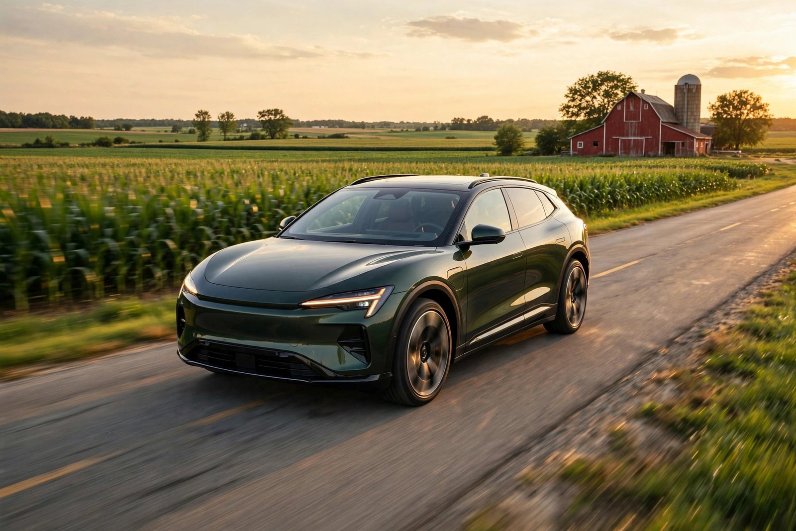 Ohio EV incentives 2026: electric SUV driving past Ohio farmland