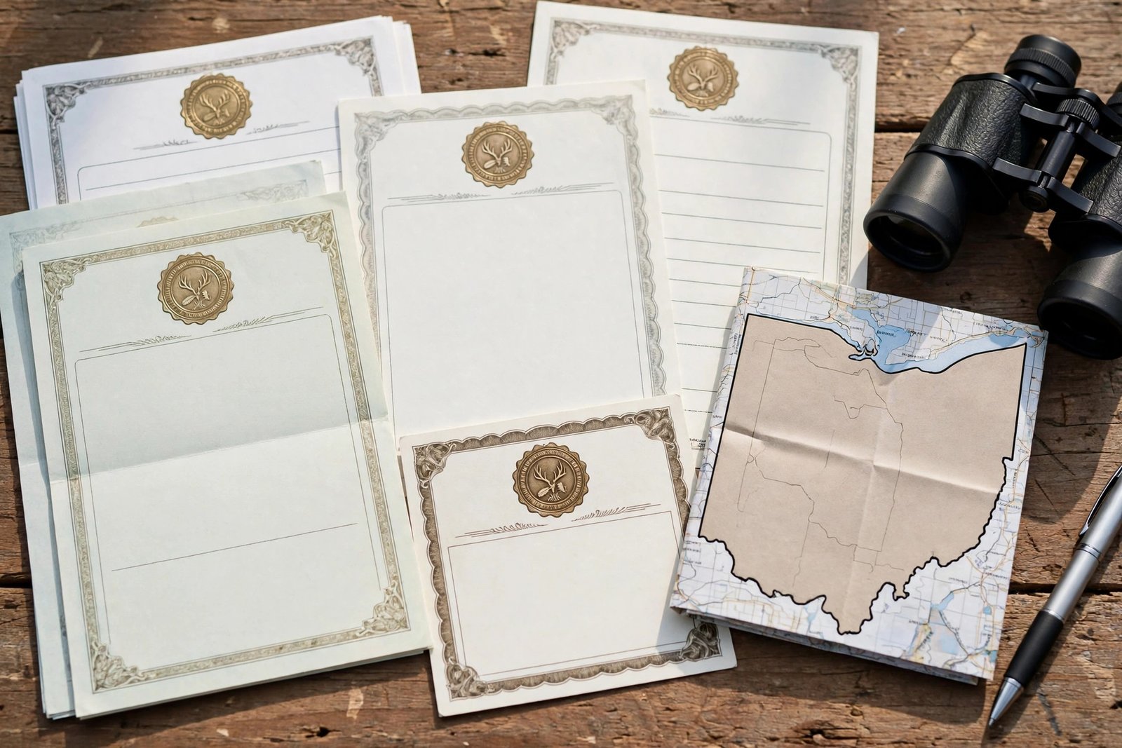 Ohio hunting license cost 2026: license and deer permit documents on a wooden table with an Ohio hunting map