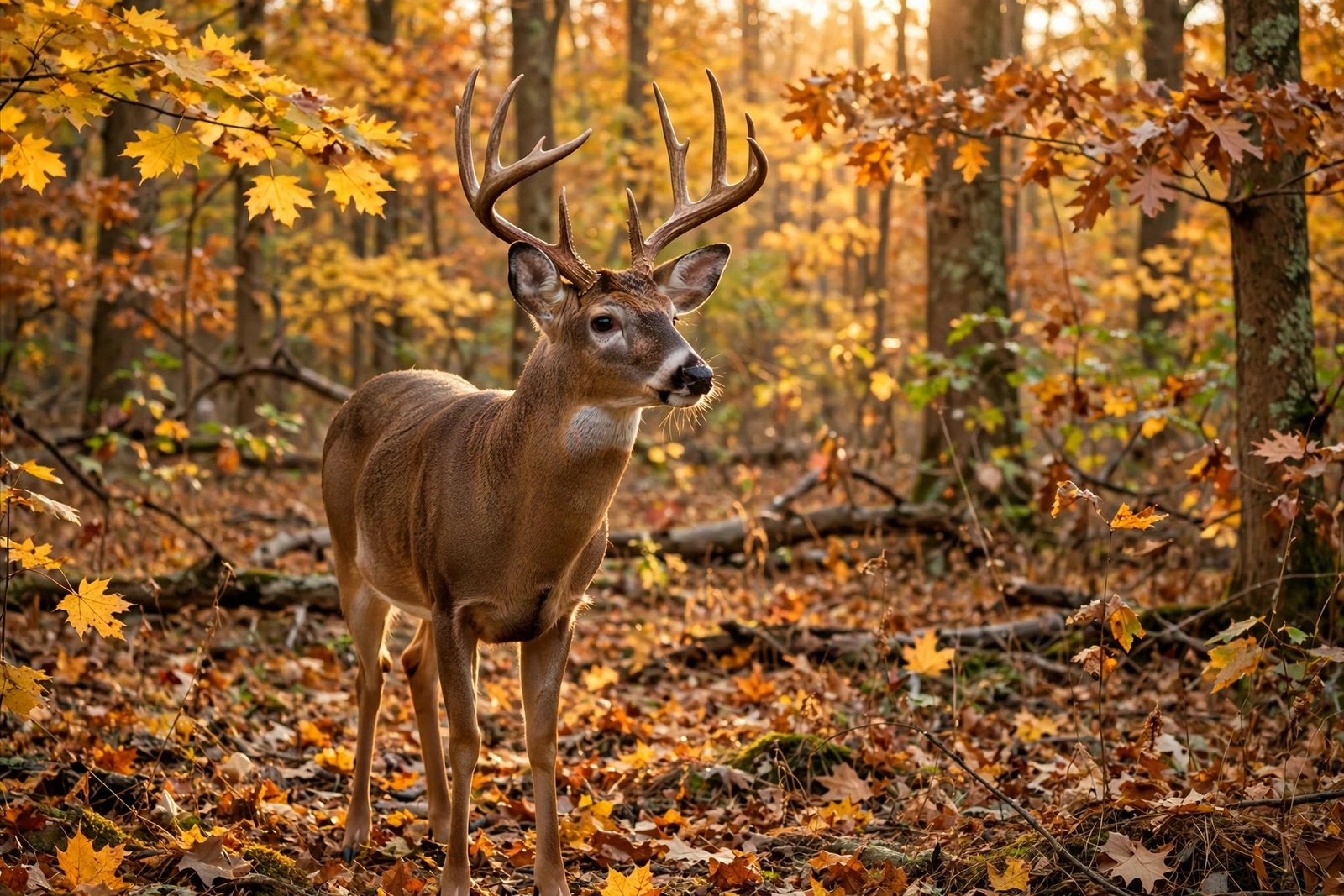 White-tailed deer standing in an Ohio hardwood forest during autumn hunting season