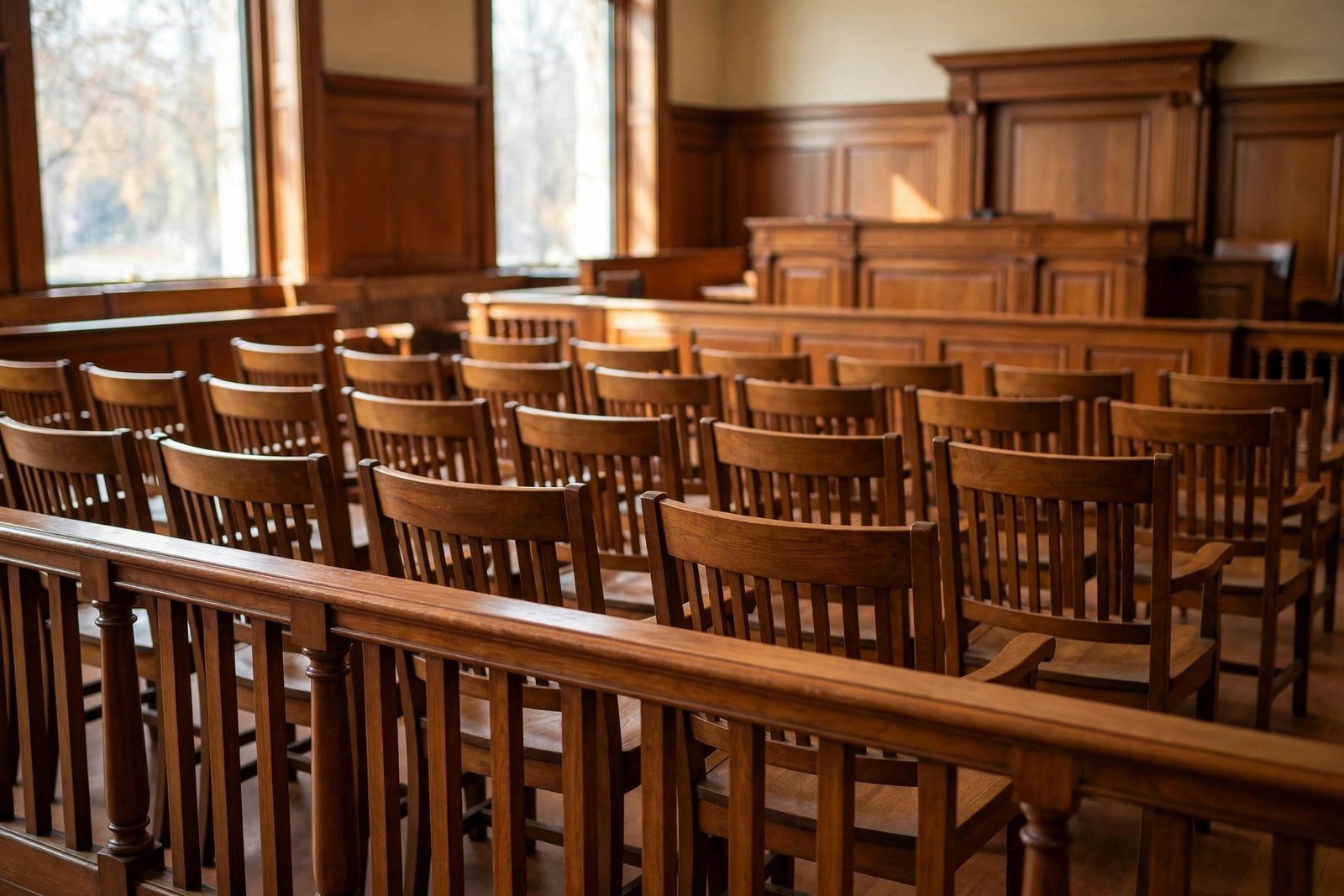 Jury box inside an Ohio county courtroom with wooden benches