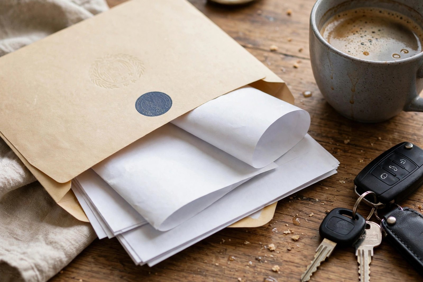 Ohio jury duty summons envelope and paperwork on a kitchen table next to car keys