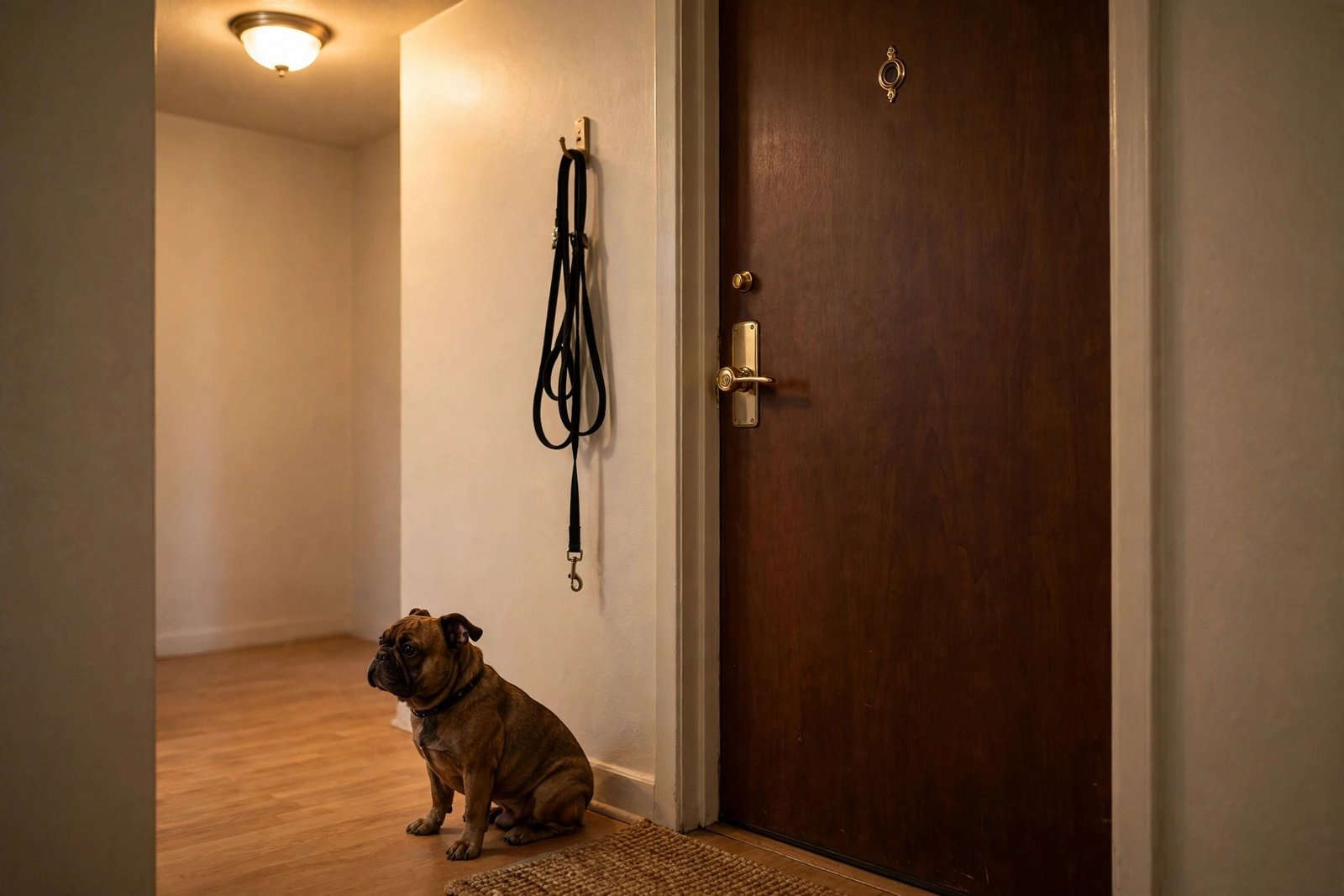 Dog and cat sitting together by the front door of an Ohio rental apartment