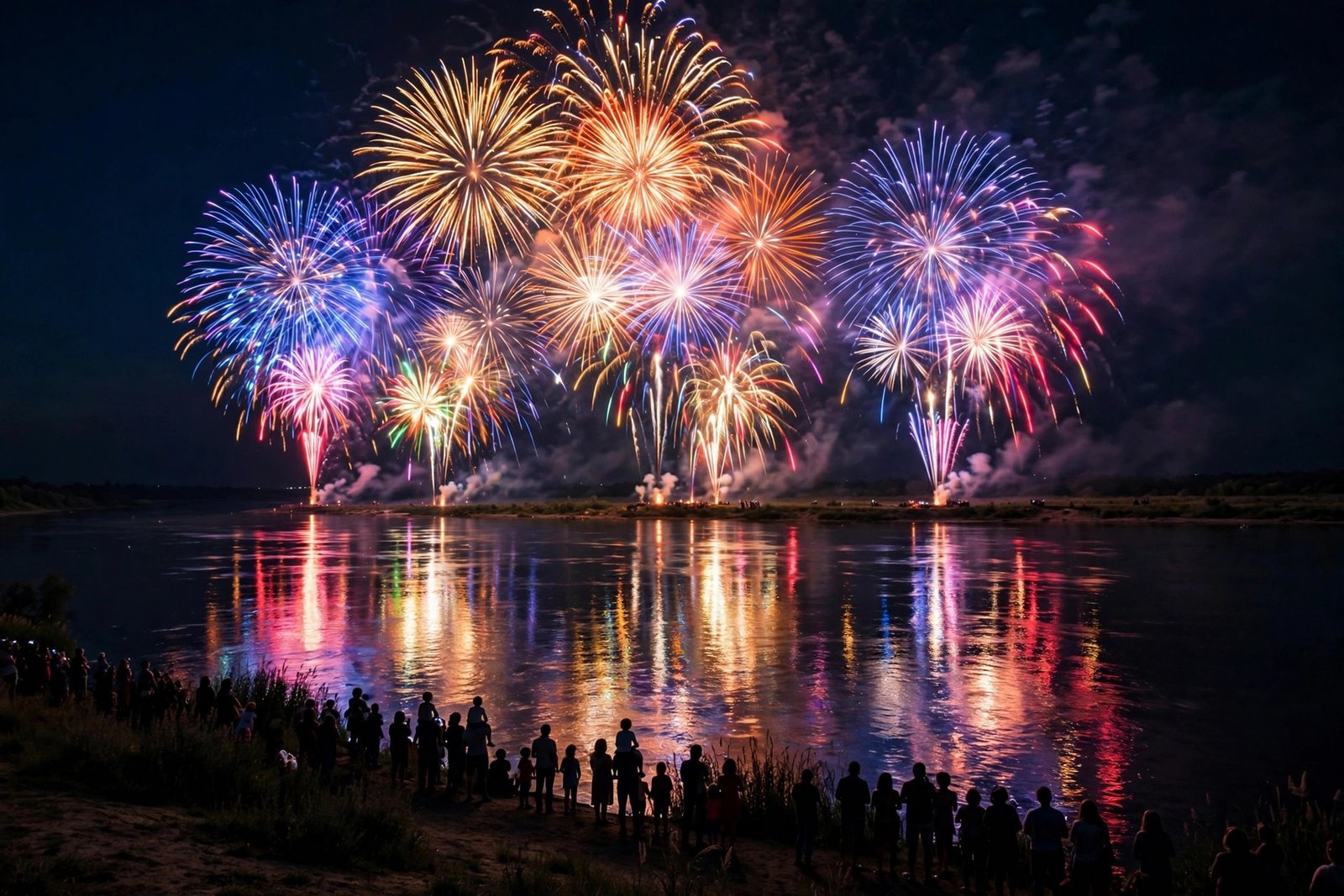 Fireworks exploding over the Ohio River at the Sternwheel Festival