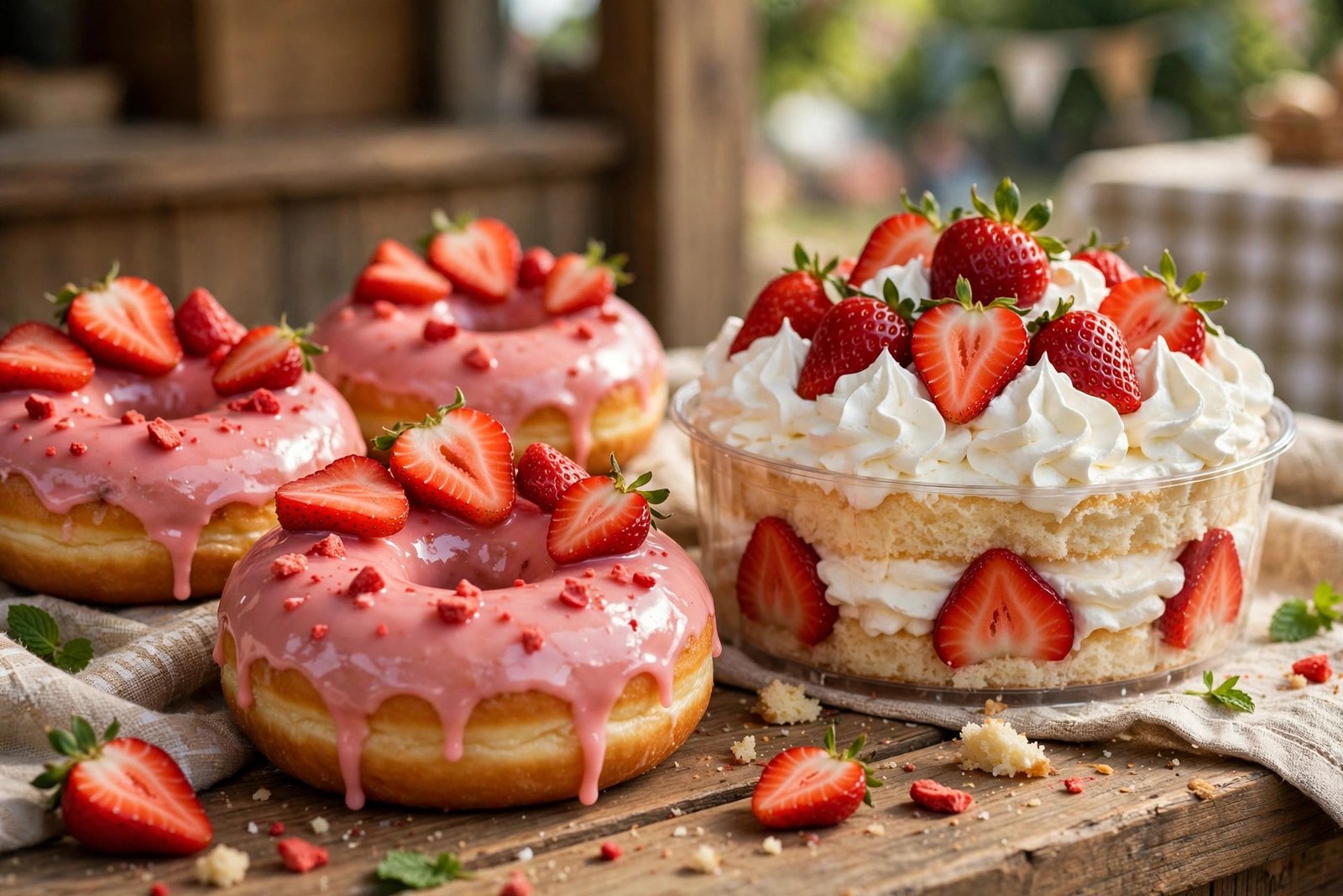 Strawberry donuts and strawberry shortcake at the Troy Strawberry Festival food vendors