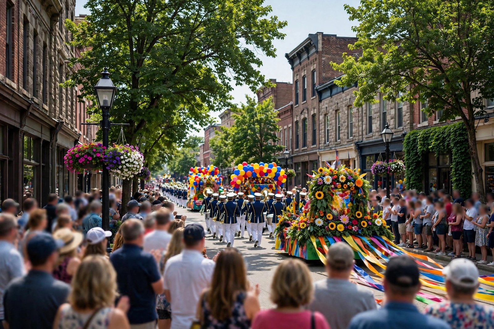 Parade and crowds filling downtown Troy Ohio during the Troy Strawberry Festival