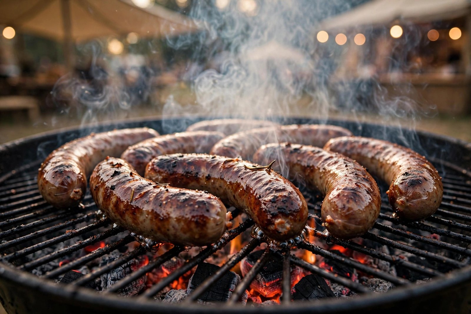 Bratwurst sausages sizzling over open grills at the Bucyrus Bratwurst Festival
