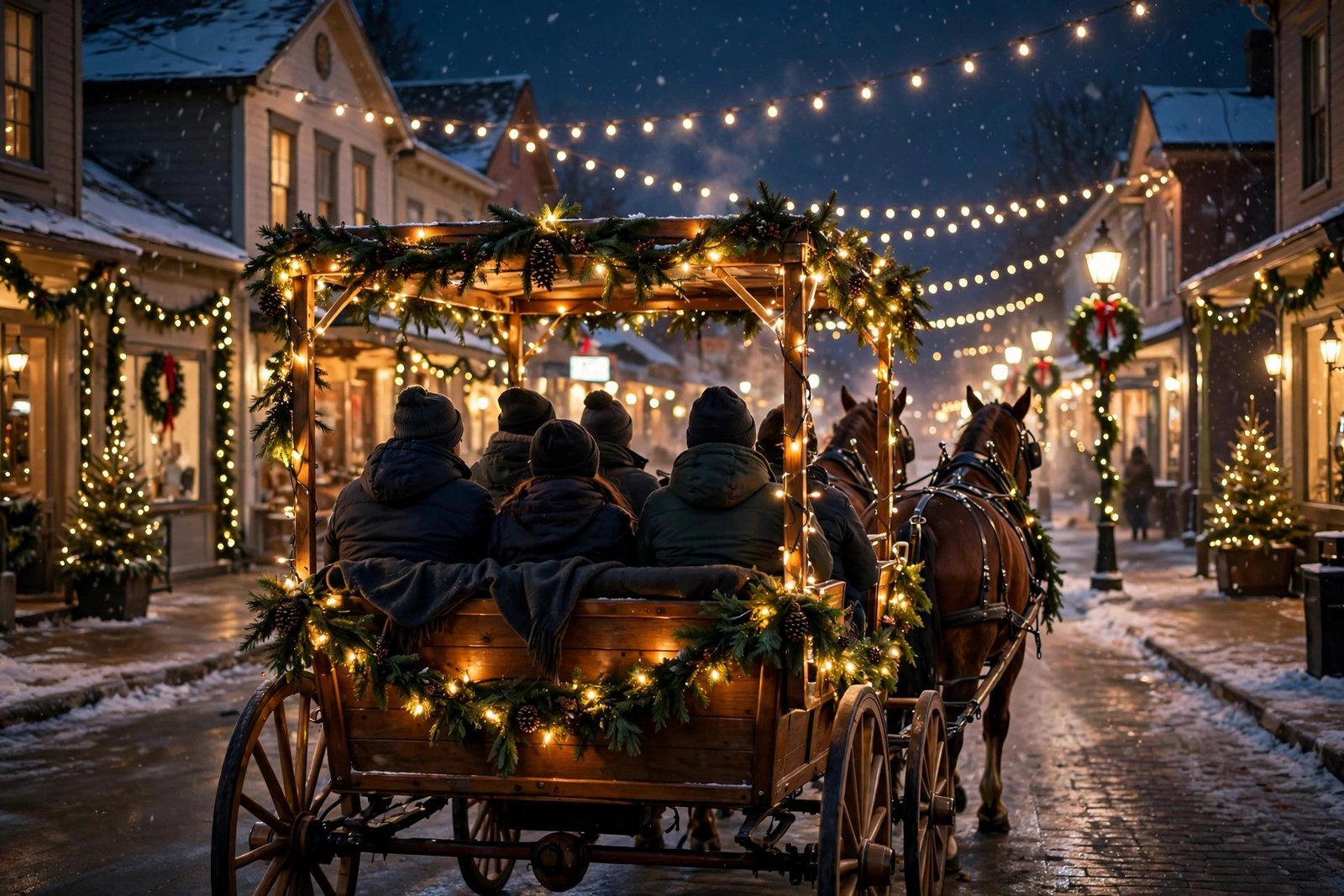 Horse-drawn Christmas carriage rides through decorated downtown Bellefontaine Ohio at night