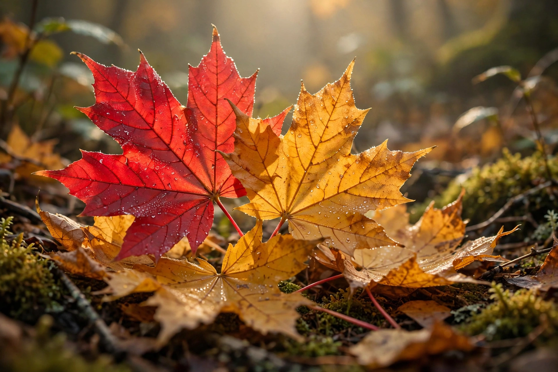 Close-up of bright red and golden maple leaves in an Ohio forest in fall