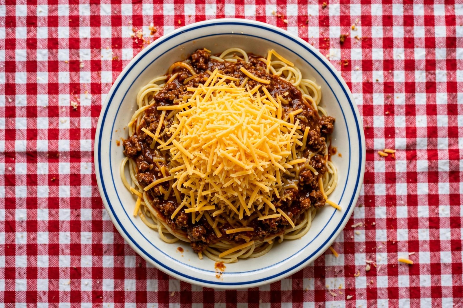 Cincinnati-style chili served over spaghetti topped with shredded cheddar cheese
