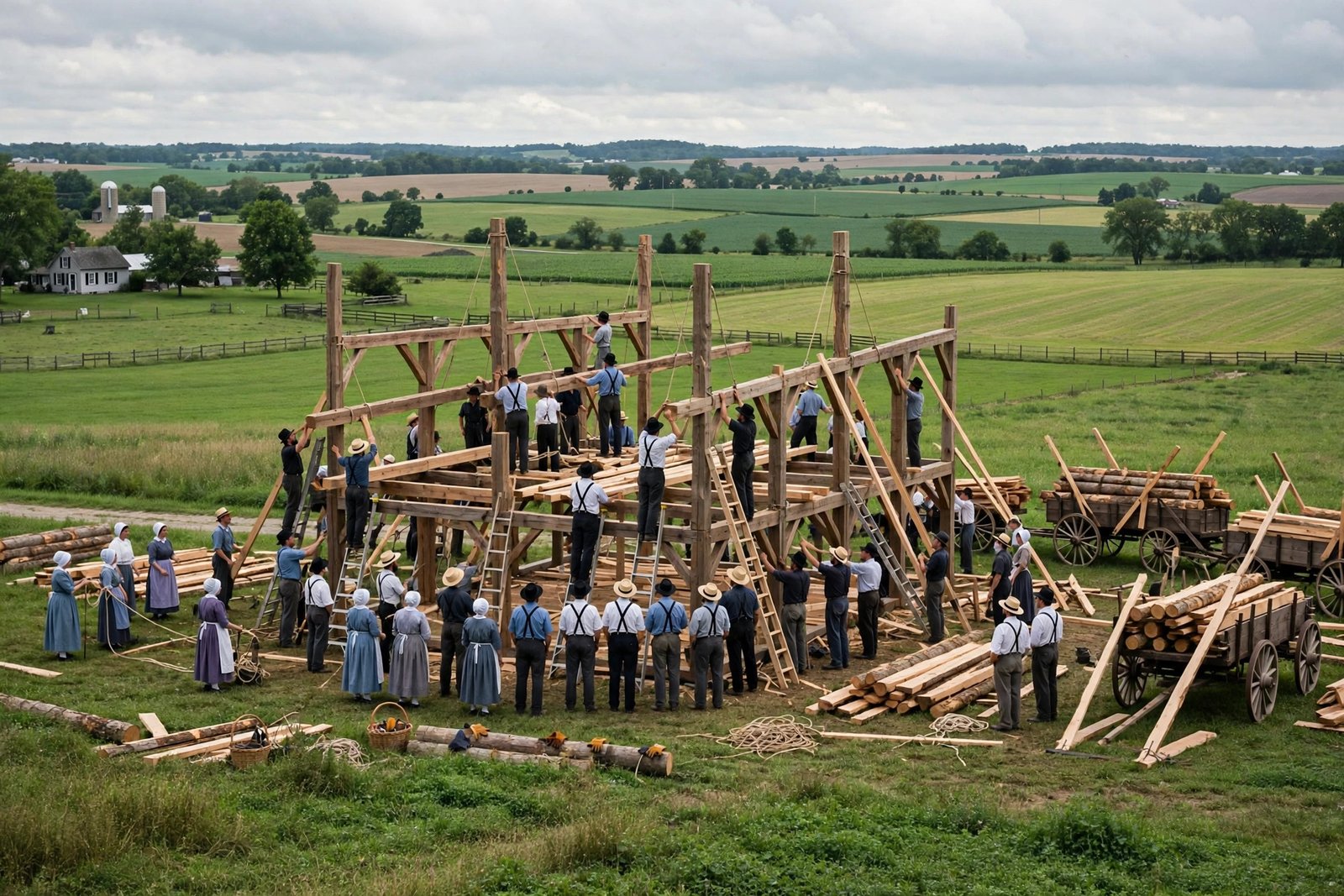 Amish community members raising a wooden barn in the Ohio countryside — are Amish people Jewish? No, the Amish are Christians