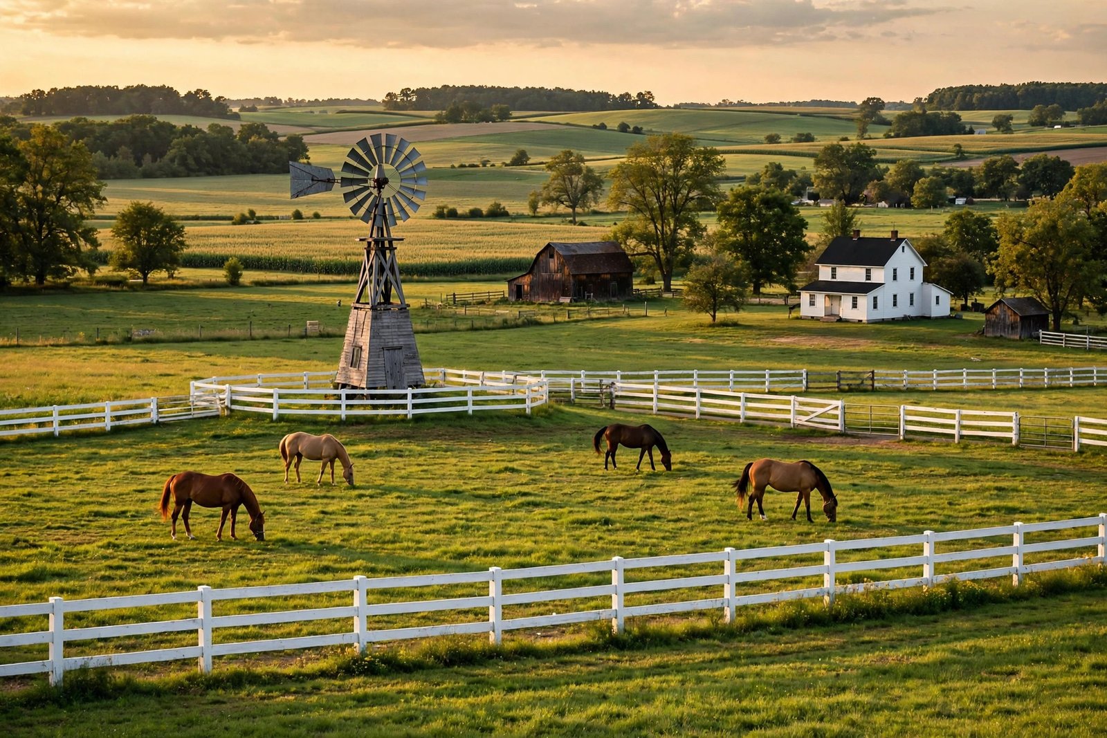 Windmill and grazing horses on peaceful Amish farmland in Ohio