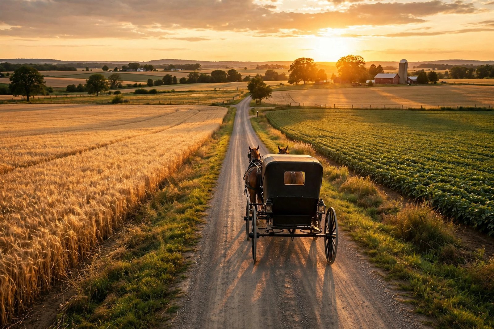 Horse-drawn buggy on an Ohio country road at sunset, seen from a respectful distance