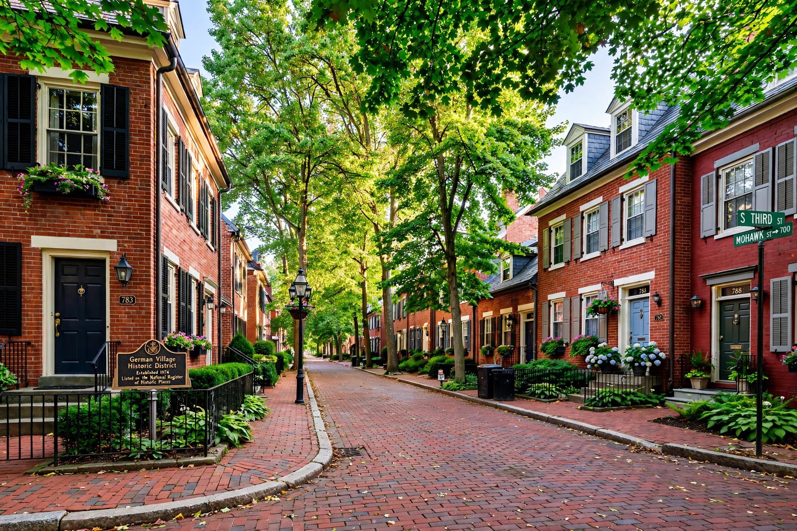 Tree-lined brick street in German Village — is Columbus Ohio safe? German Village is one of the safest neighborhoods