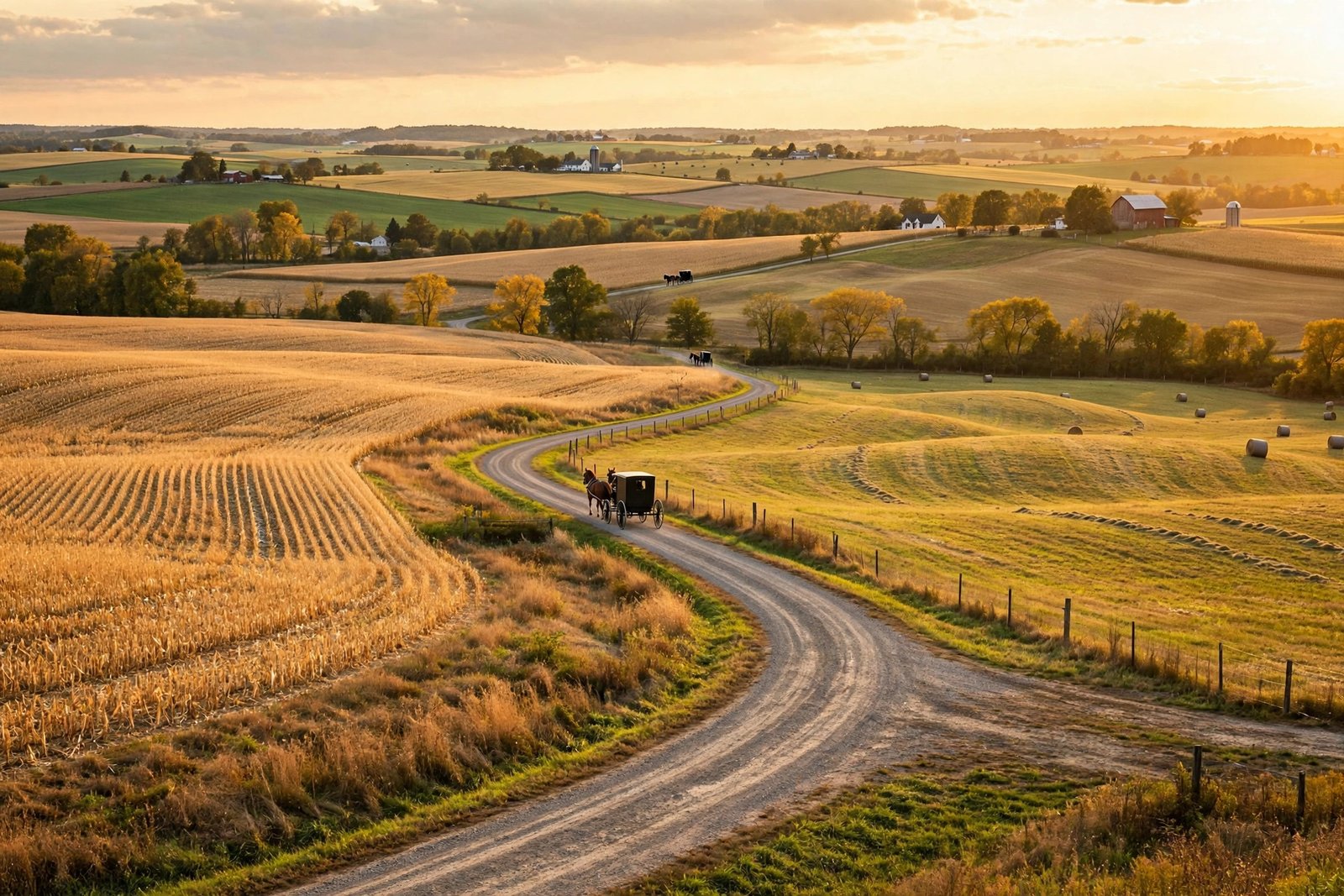 Amish horse-drawn buggy on a rural road in Ohio Amish Country at golden hour (are the amish christian? yes — they are Anabaptist Christians)