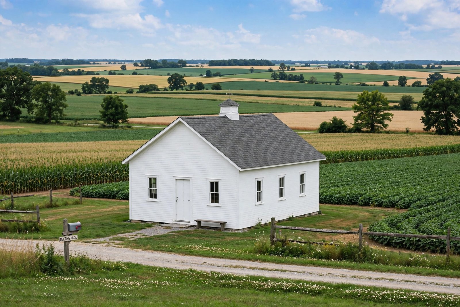 Plain white Amish meetinghouse surrounded by Ohio farmland