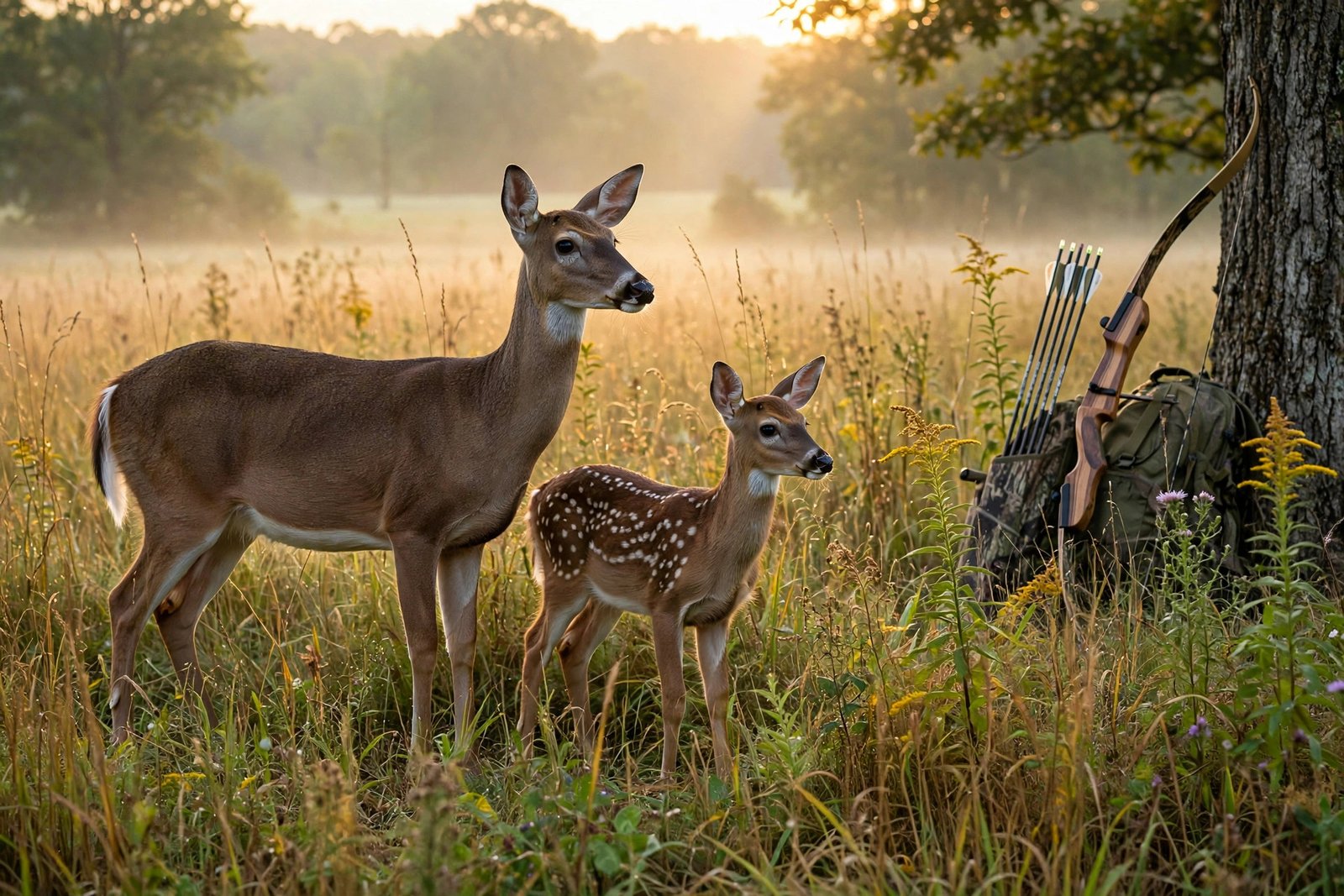 White-tailed deer doe and fawn in an Ohio meadow at dawn — when is deer season in Ohio? Archery opens September 26