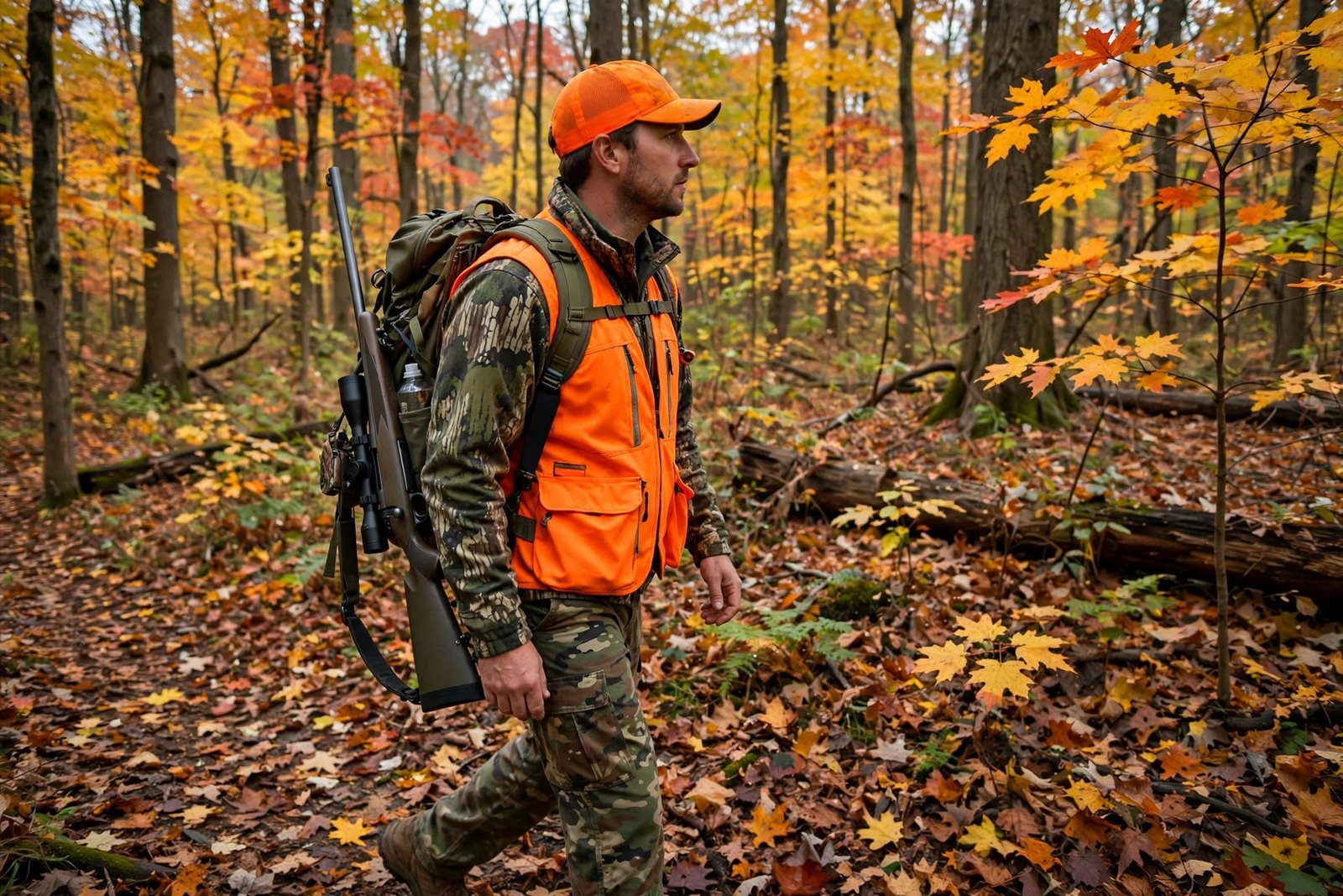 Hunter in blaze orange walking through Ohio woods during deer gun season