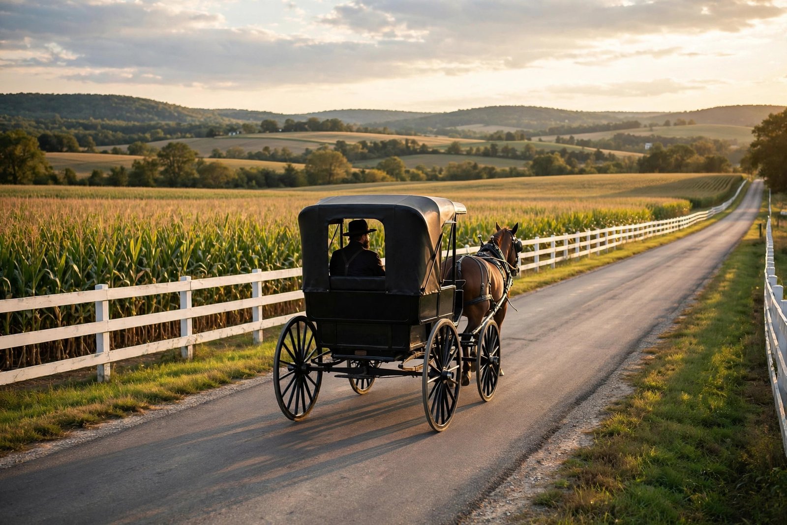 Amish horse-drawn buggy traveling a rural Ohio road (why don't the amish use electricity? It’s about separation, not the current)