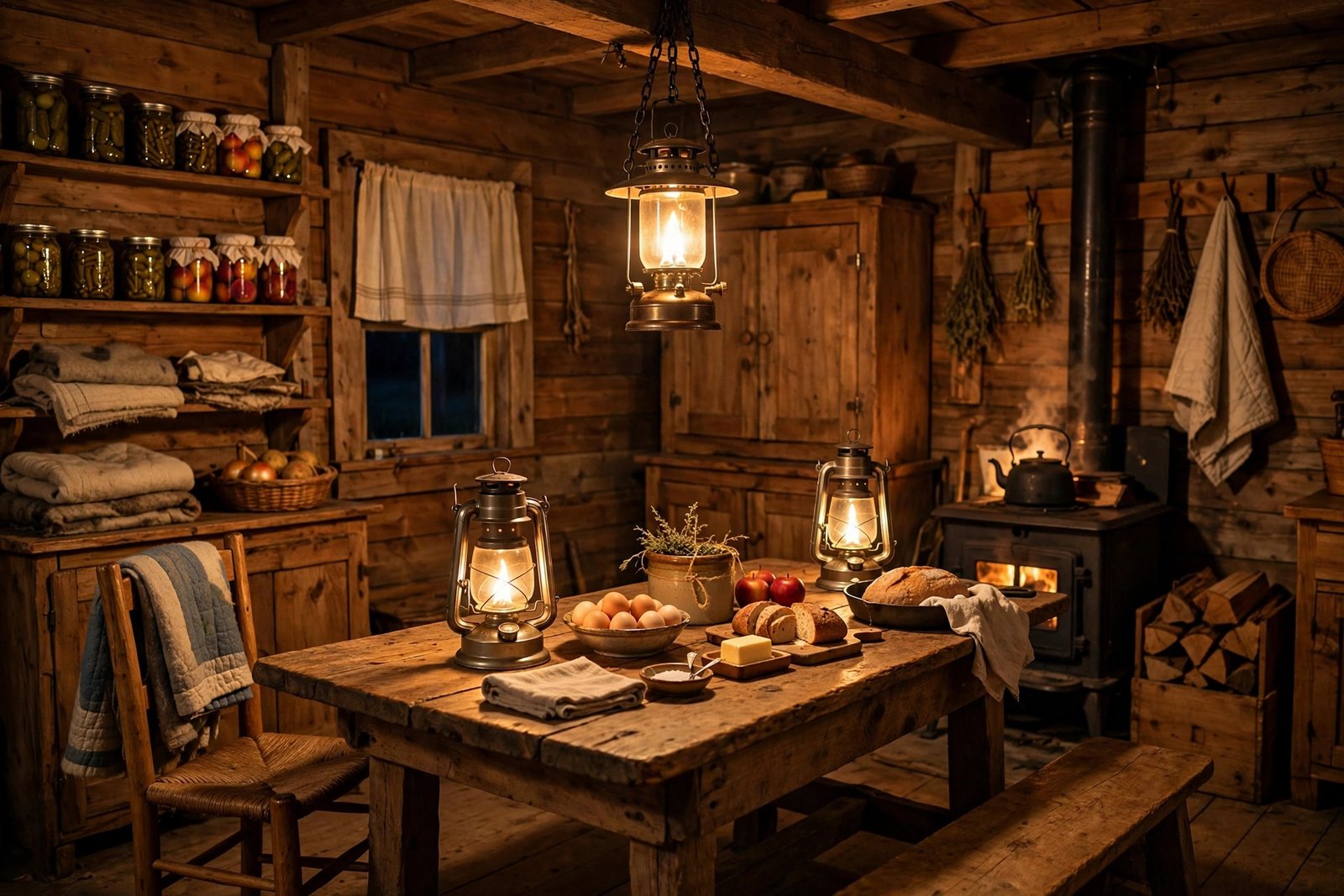 Amish farmhouse kitchen lit by gas lamps
