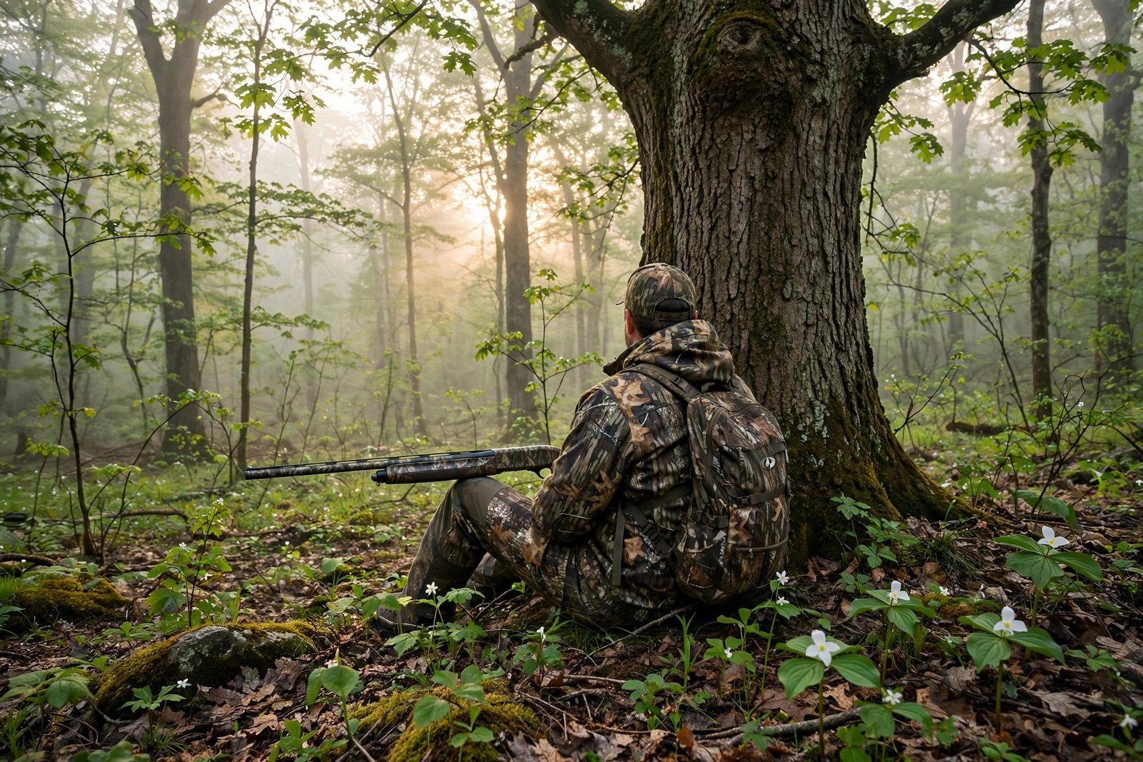 Ohio turkey hunter in camouflage at sunrise in spring woods