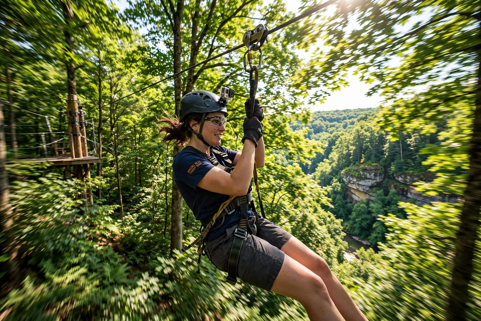 Ziplining through the forest canopy on a Hocking Hills canopy tour