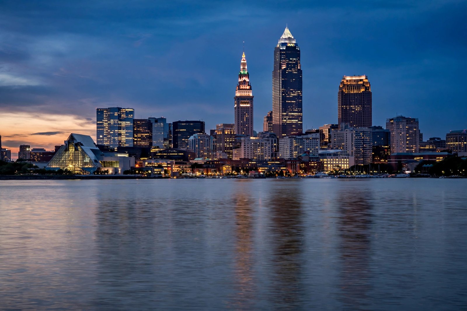 How far is Cleveland, Ohio from me? Cleveland skyline at dusk with Lake Erie in the foreground