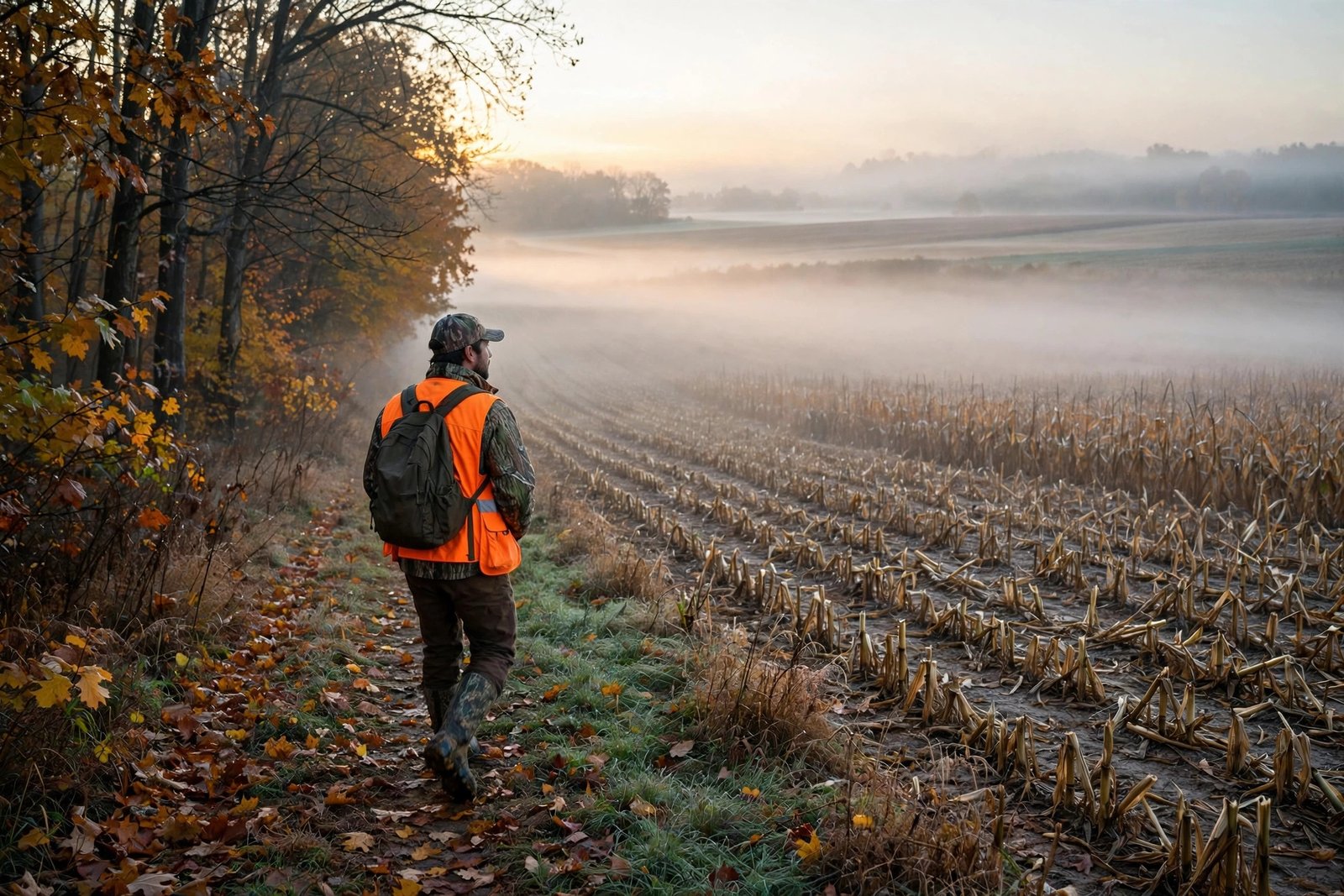 Hunter in blaze orange walking an Ohio field edge at sunrise during gun season