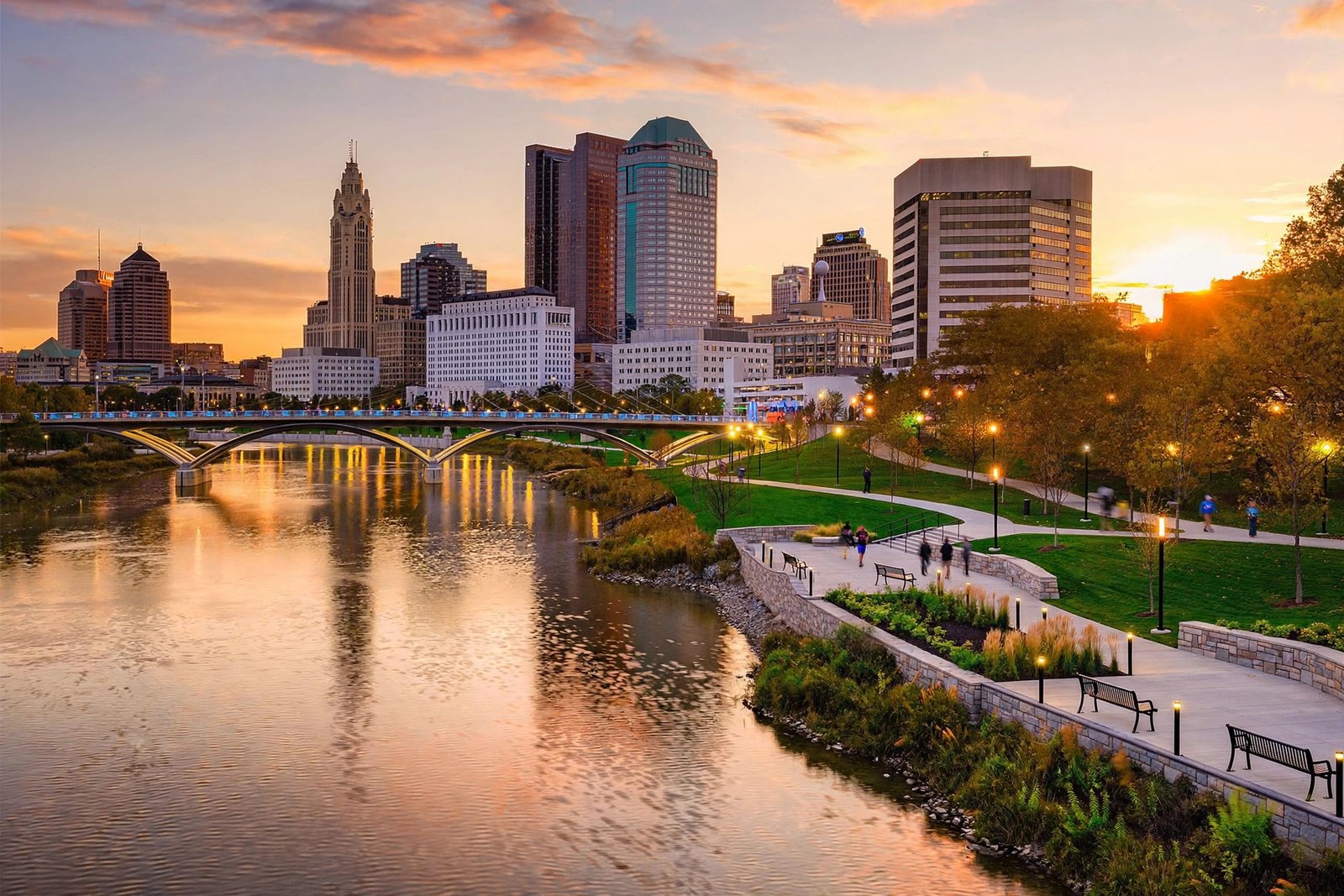Columbus Ohio skyline along the Scioto Mile at sunset