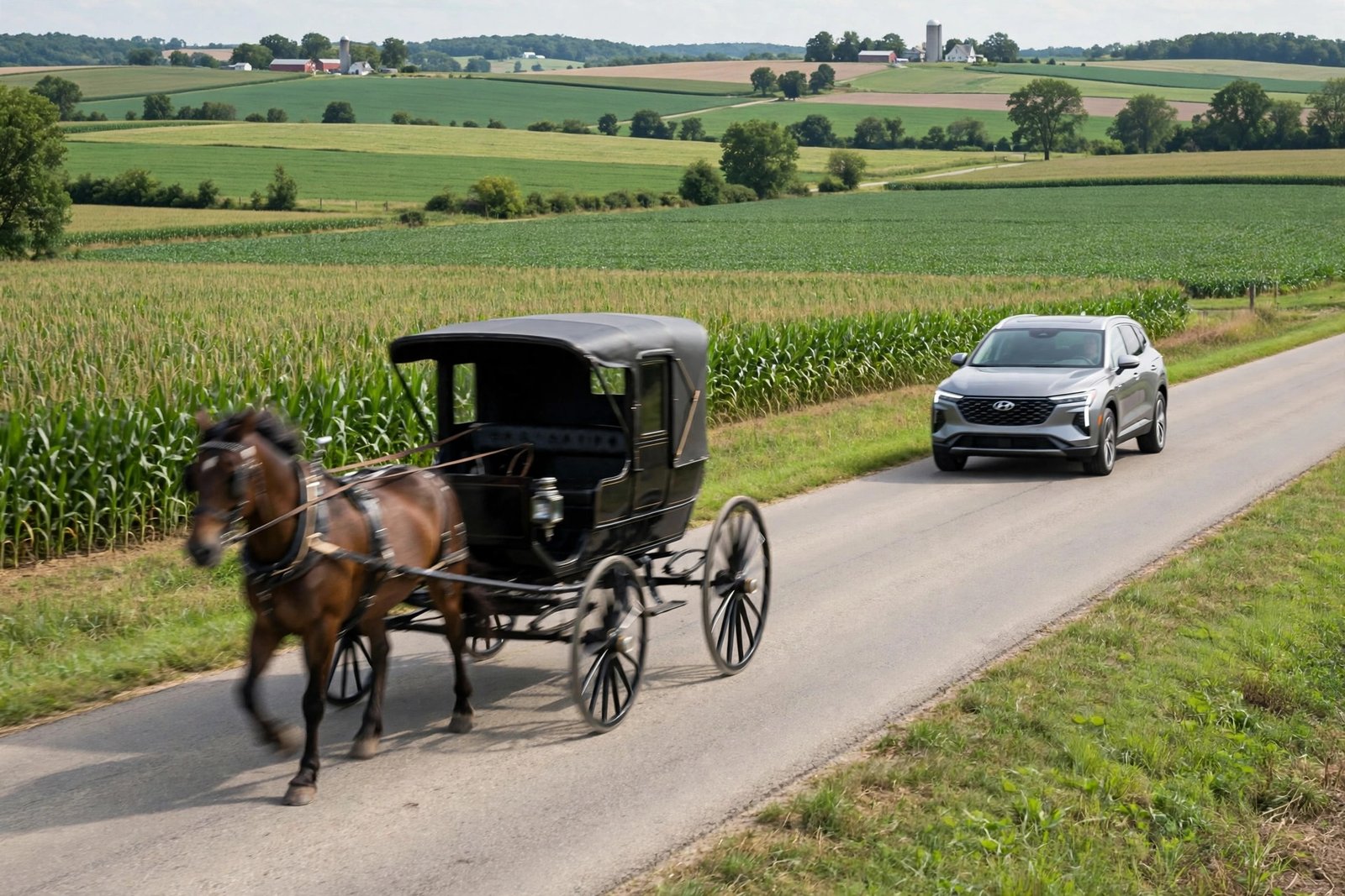 What is the difference between Mennonites and Amish people? Amish horse-drawn buggy passing a car on an Ohio country road