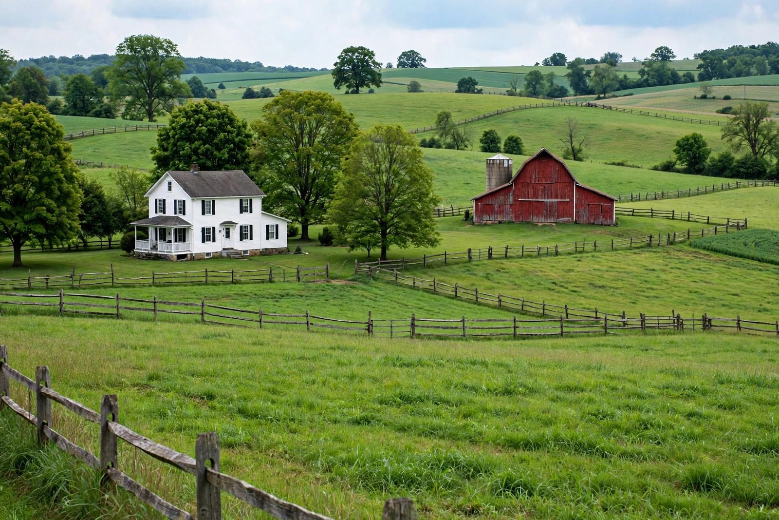 Amish farmland with white farmhouse in Holmes County Ohio