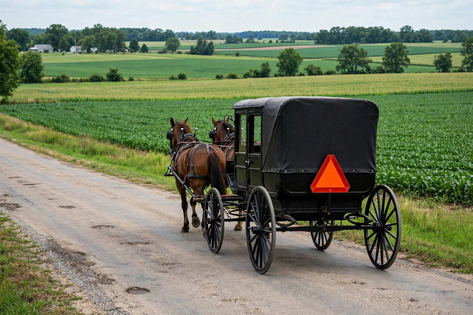 Do Amish drive cars? Amish horse-drawn buggy on a rural Ohio road with slow-moving vehicle sign