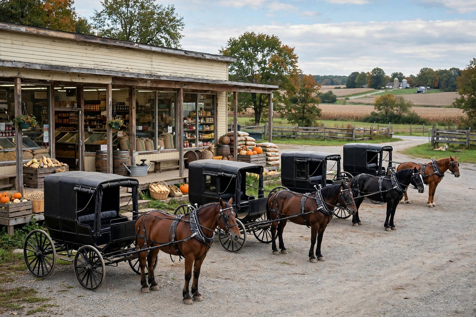 Row of Amish buggies parked outside a bulk food store in Holmes County