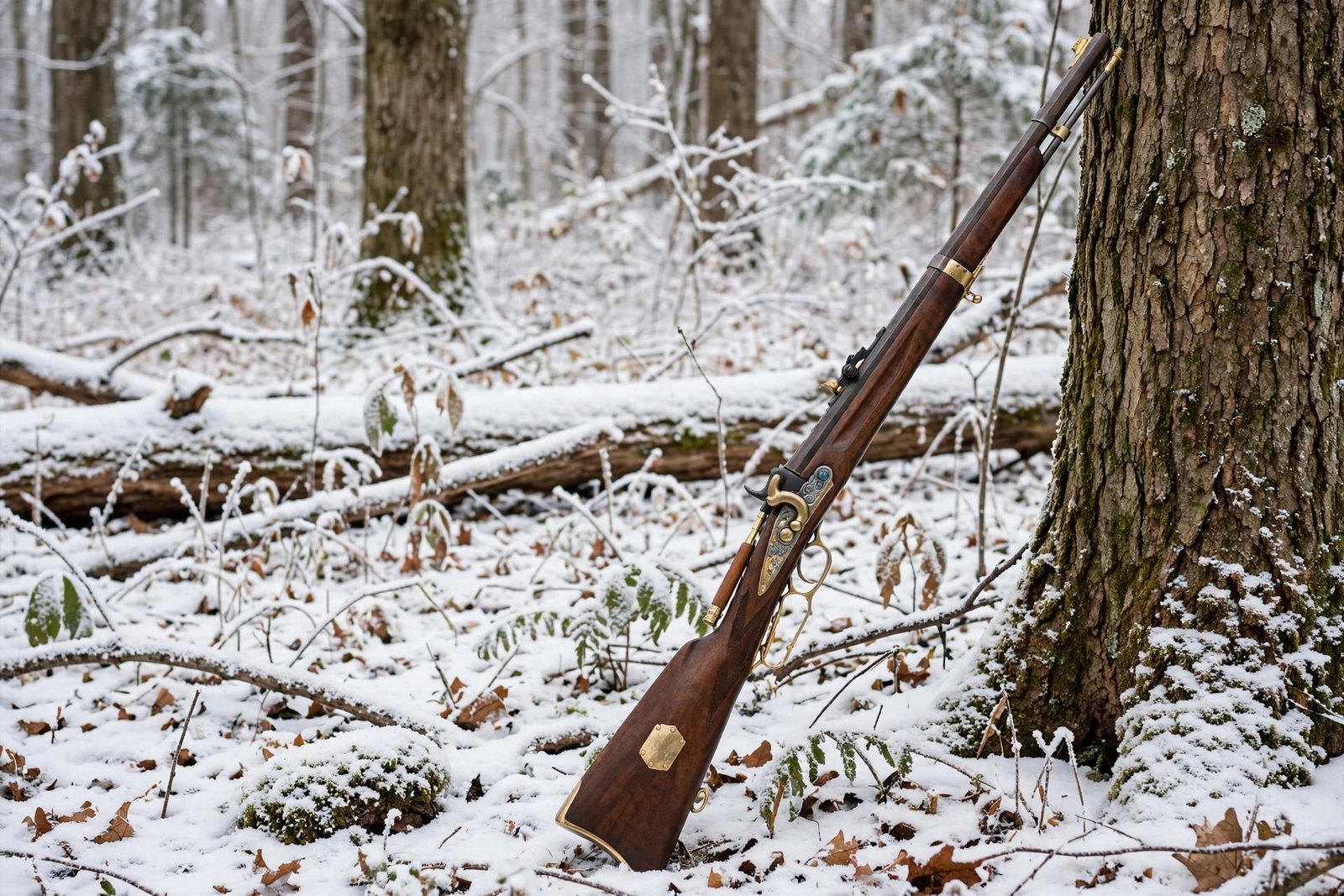 When is Ohio muzzleloading season? Muzzleloader rifle resting against a tree in snowy Ohio woods
