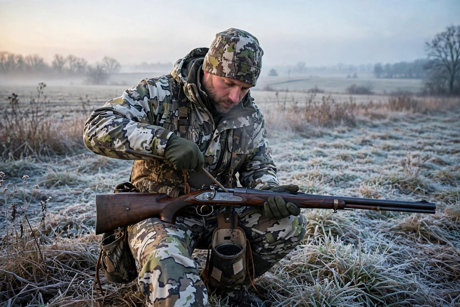 Hunter loading a muzzleloader at dawn during Ohio's January season