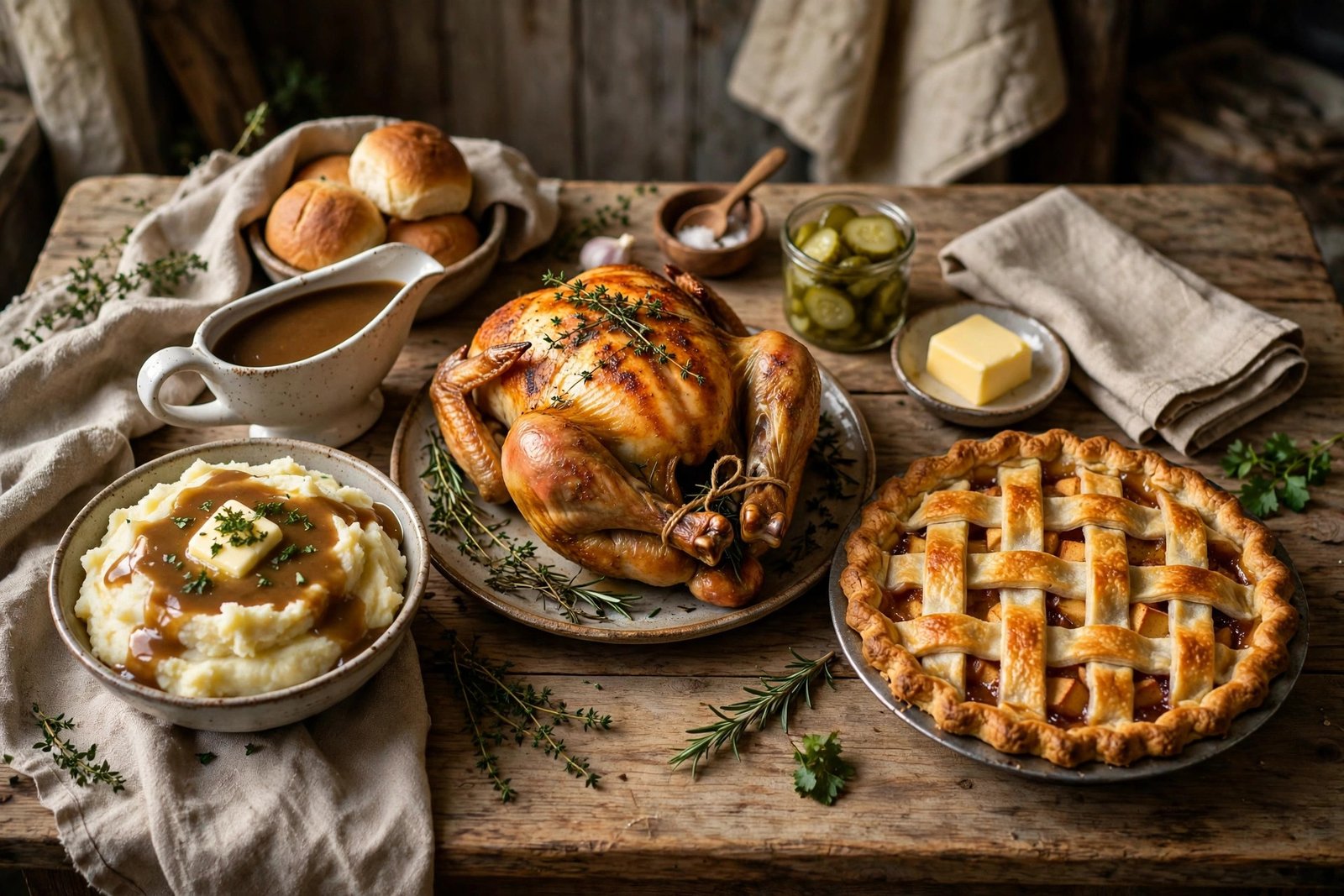 What do Amish people eat: Amish-style comfort food spread with roast chicken, mashed potatoes and pie