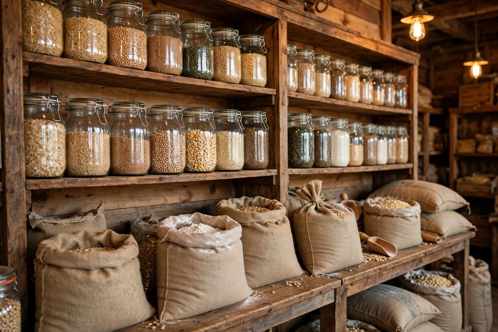 Amish bulk food store shelves with jars and dry goods in Ohio