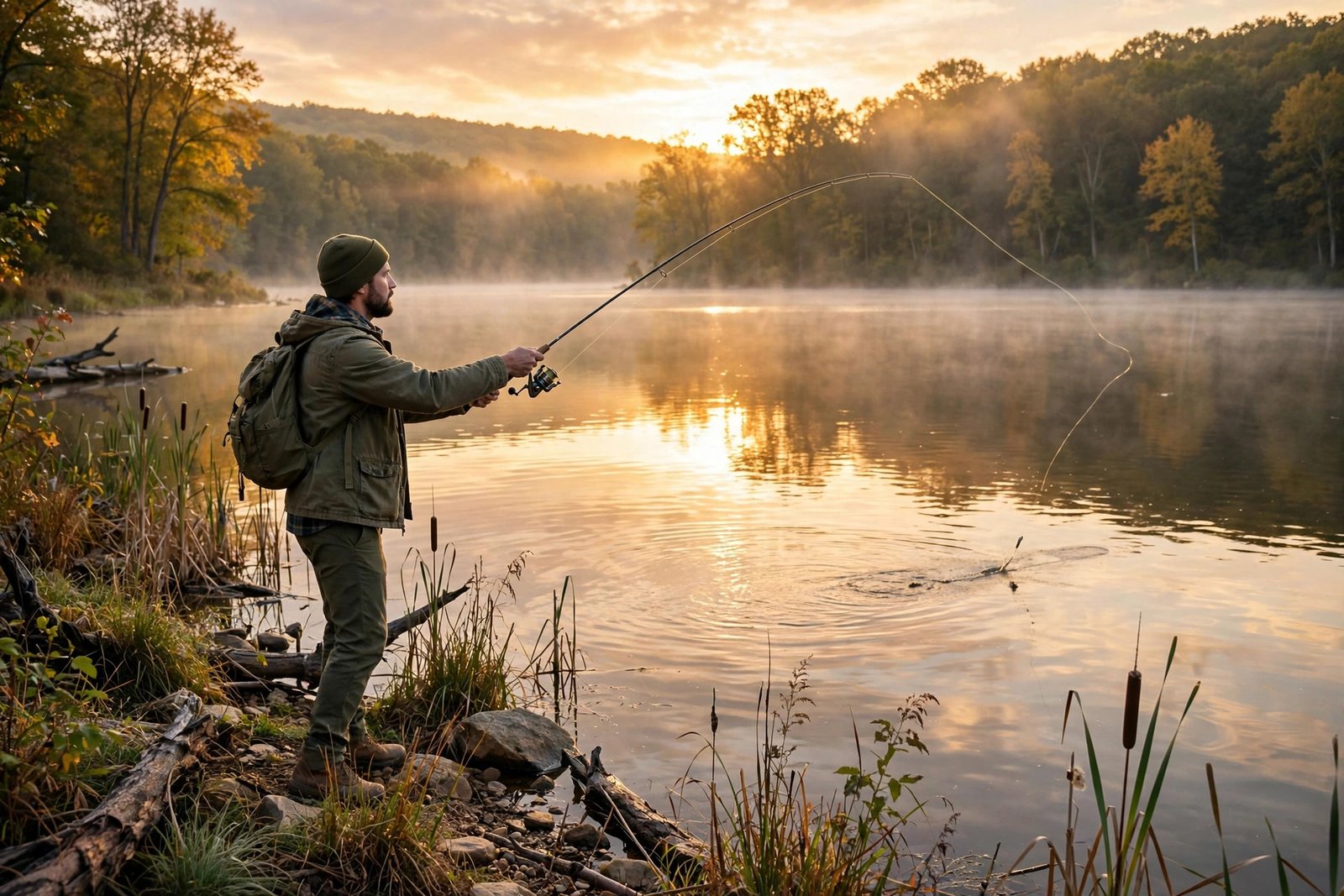 How much is a fishing license in Ohio: an angler casting a line into a calm Ohio lake at sunrise