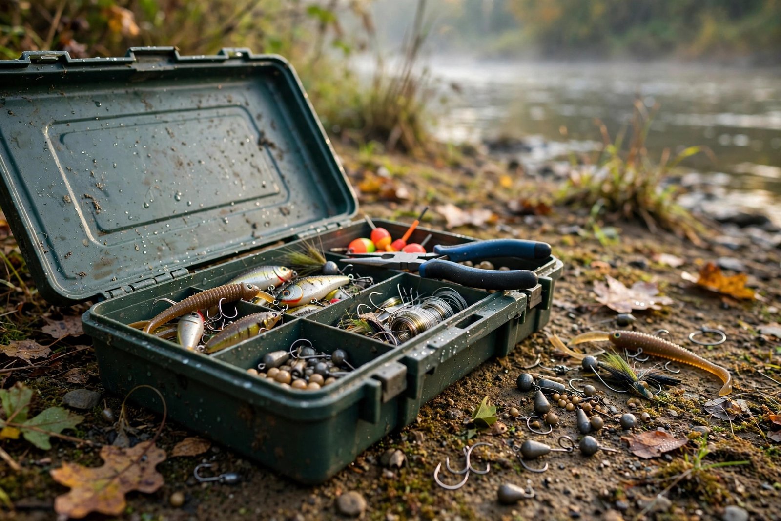 Close-up of fishing tackle and a tackle box on an Ohio riverbank