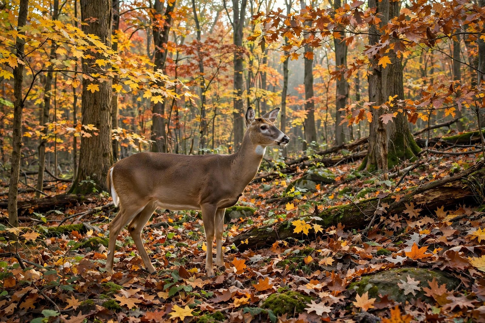 When is hunting season in Ohio: a white-tailed deer in an Ohio hardwood forest during autumn
