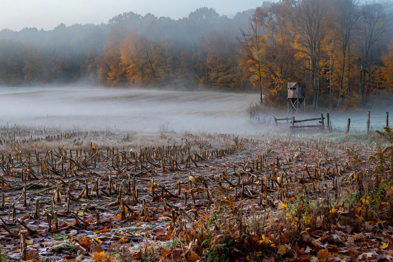 Morning mist over an Ohio farm field and treeline in hunting season