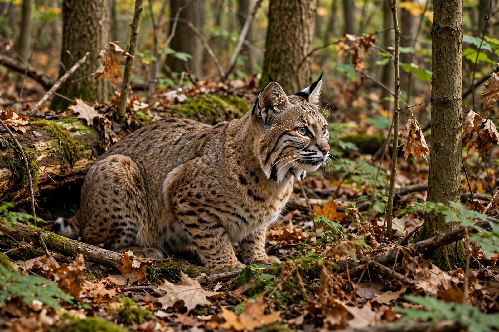 A bobcat in an Ohio forest — the wild cat Ohioans most often mistake for a mountain lion
