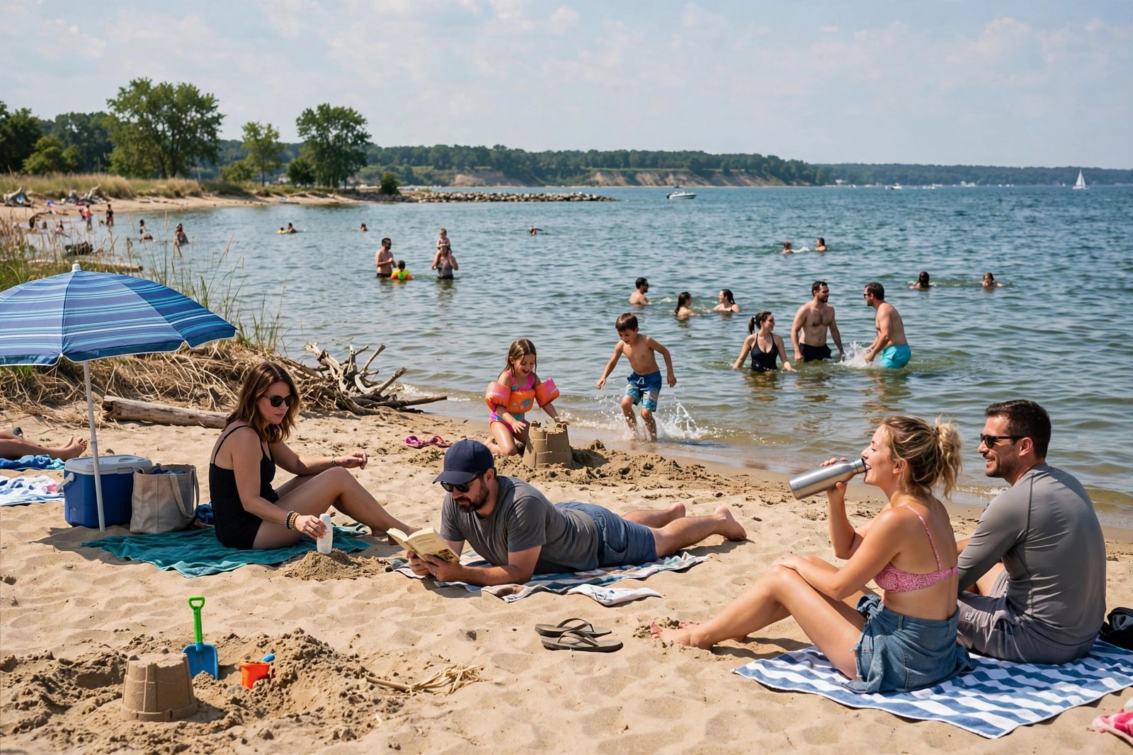 Can you swim in Lake Erie? Swimmers and beachgoers on a sandy Lake Erie beach on a summer day