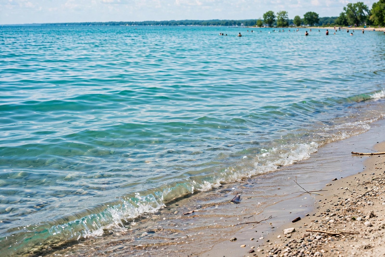 Clear turquoise water lapping a Lake Erie beach with swimmers in the distance