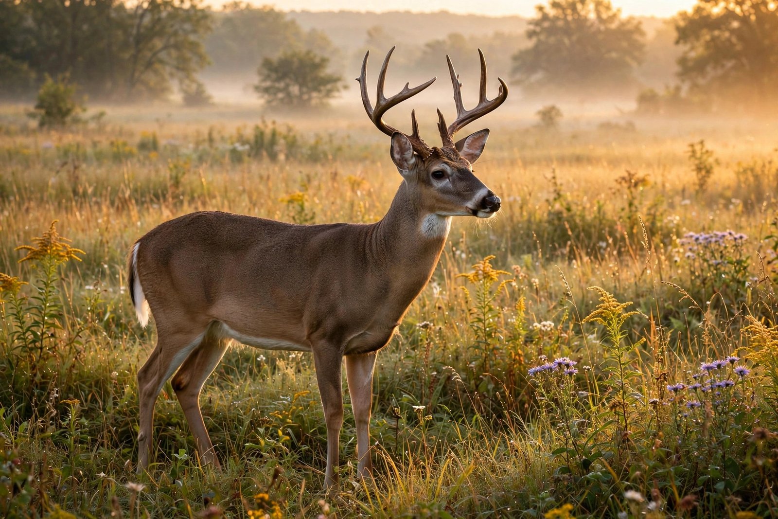 What is the state animal of Ohio? A white-tailed deer buck in an Ohio meadow at sunrise